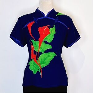 Vintage Blue Floral Cheongsam Style Top Mandarin Collar S/M